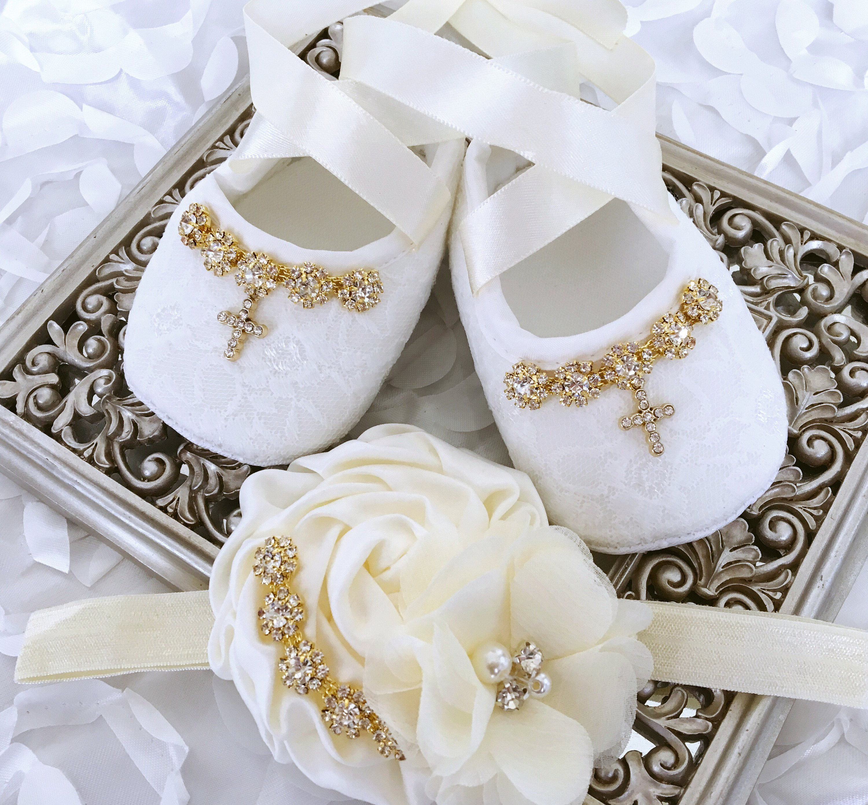Baby Girl Ivory Christening Baptism Shoes Cross Rhinestone ShabbyHeadband