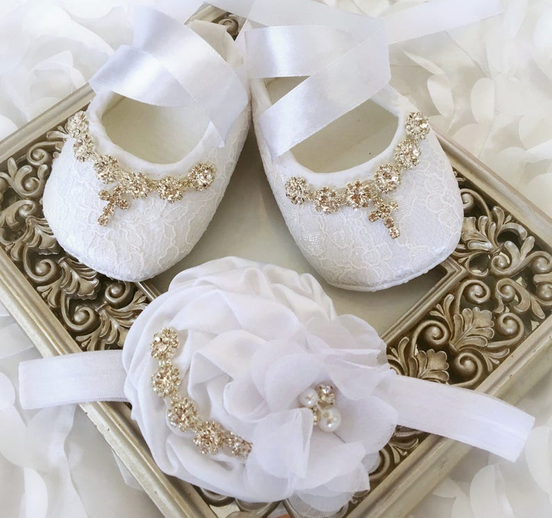 Baby Girl Ivory Christening Baptism Shoes Cross Rhinestone ShabbyHeadband