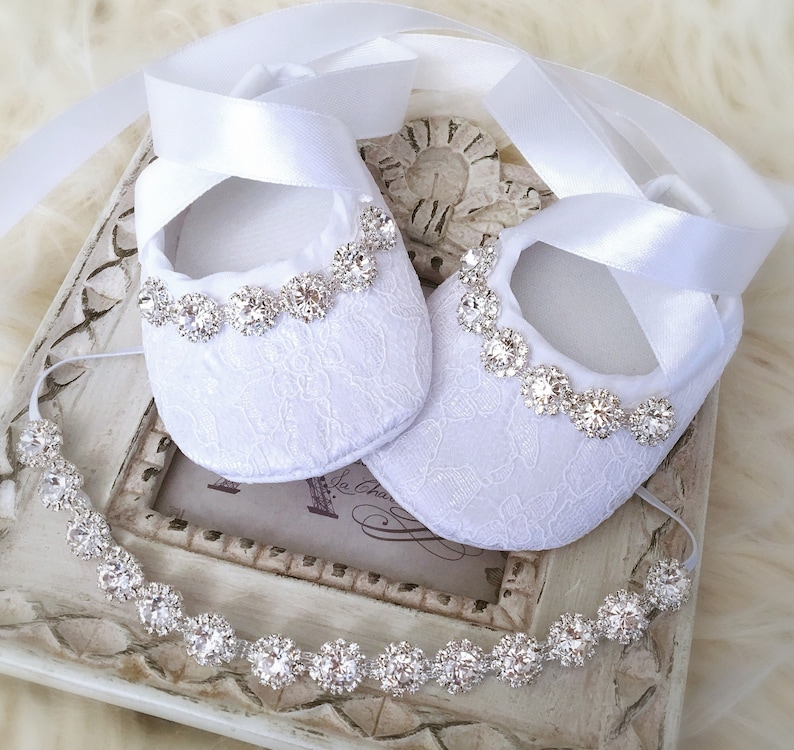 Baby Girl White Christening Baptism Shoes Rhinestone Satin Flower Headband Set