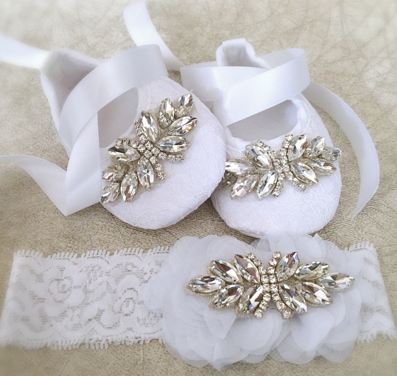 Baby Girl White Christening Baptism Shoes Rhinestone Satin Flower Headband Set