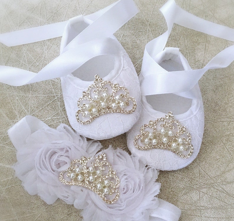 Baby Girl White Christening Baptism Shoes Rhinestone Satin Flower Headband Set