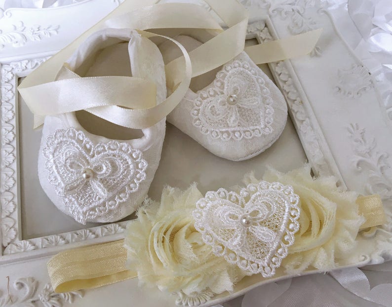 Baby Girl Ivory Christening Baptism Shoes Cross Rhinestone ShabbyHeadband