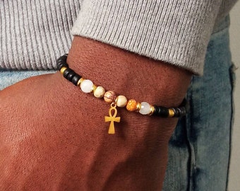 Egyptian Pendant for Men, Gemstone Bracelet for Men, Egyptian Ankh Pendant, Wooden Bracelet, African Gifts for Men