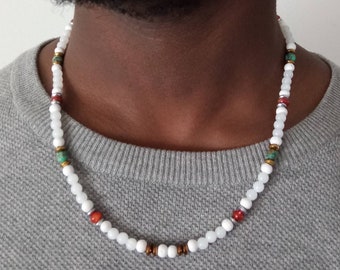 Collar de cuentas para hombres, Collar de cuentas étnicas, Collar de piedras preciosas para él, Collar de madera para hombres, Regalo africano para él