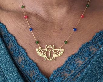 Egyptian Scarab Necklace with Beaded Chain, Ancient Egypt Necklace, Natural Stone Necklace for Women, Mythical Gift