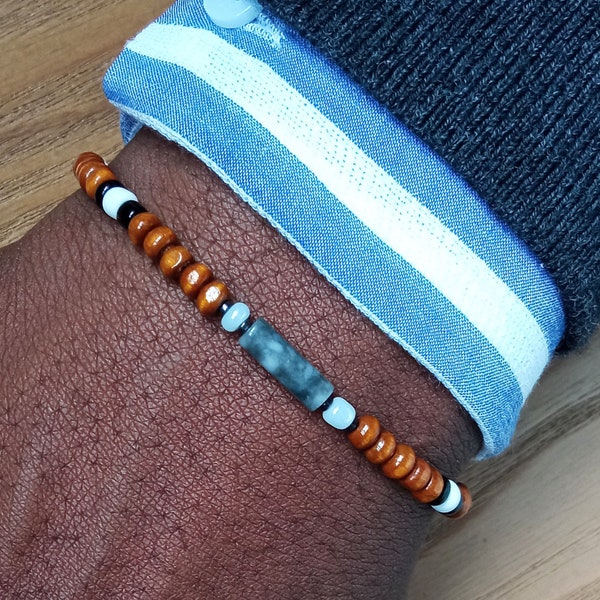 Bracelet de bois pour homme, Bracelet perlé Massai, Bracelet Africain de perles de graine et de pierre de gemme, Cadeaux africain pour Homme