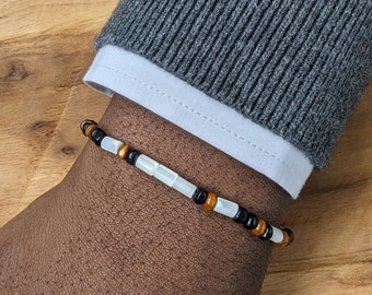 Mother of Pearl Bracelet for Men, Mother of Pearl and Wood Beaded Bracelet for Men, Gemstone Beaded Bracelet for Men, Gift for Him