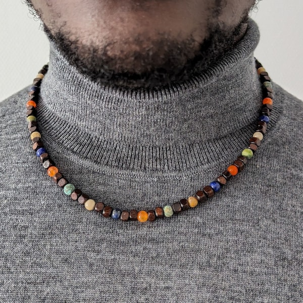 Tropical beaded necklace for men, Ethnic necklace of natural stones and wood, Lapis Lazuli, Exotic necklace for men