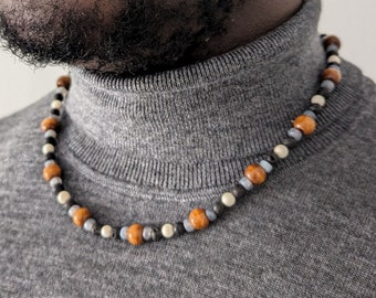 Exotic wood and gemstone necklace, Lava stone and wood necklace, African beaded necklace for men, African gift