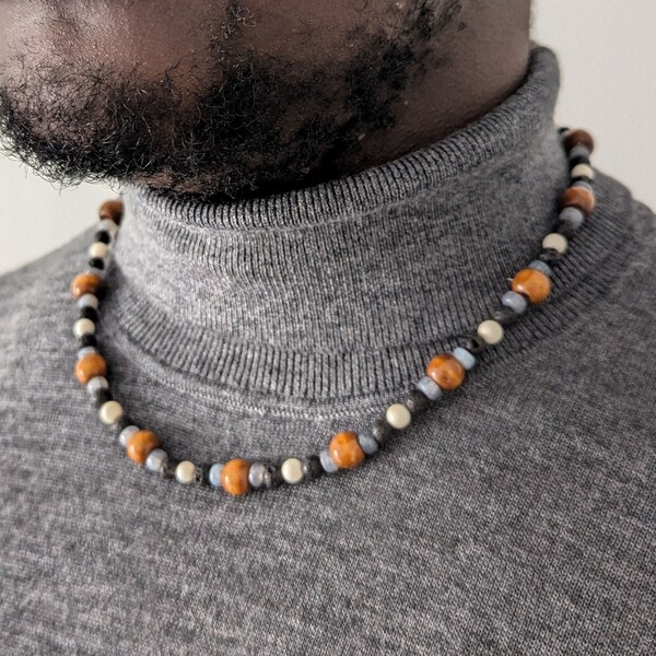 Collier exotique de bois et de pierre de gemme, Collier de pierre de lave et de bois, Collier de perles africain pour homme, Cadeau Africain