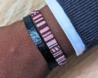 Leather wrap bracelet for men, Red Kente and black leather cuff, Mens Africa bracelet, Gift for father