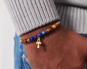 Egyptian Ankh Cross Pendant, 18K Gold Ankh Cross Bracelet, Lapis Lazuli and Tiger&#39;s Eye Gemstone Beaded Bracelet