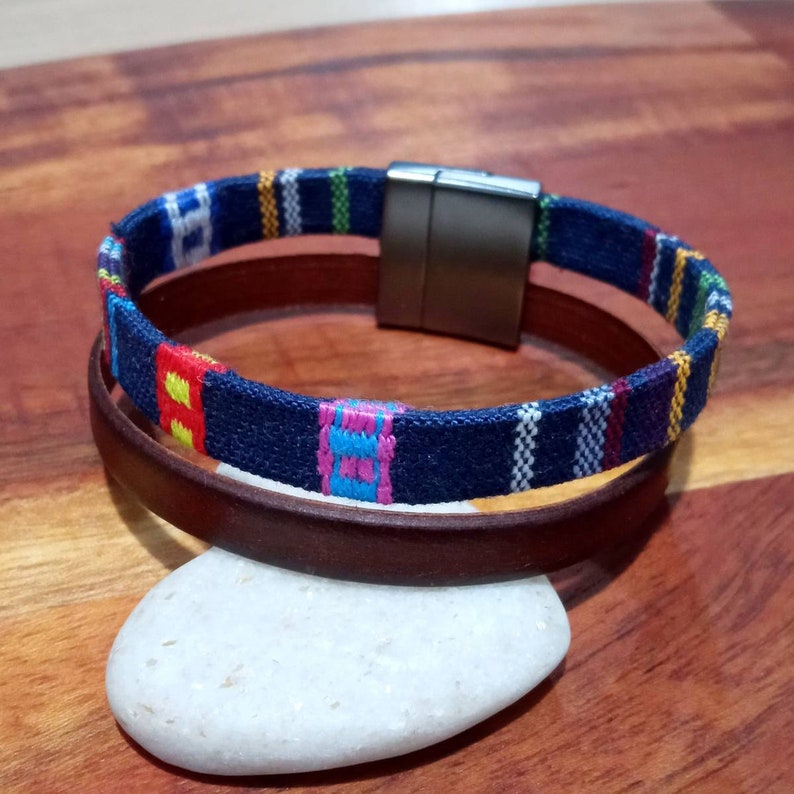 Kente cloth and leather bracelet for Men, African bracelet for Men with magnetic clasp, African jewelry for men, African gift ideas for men image 9