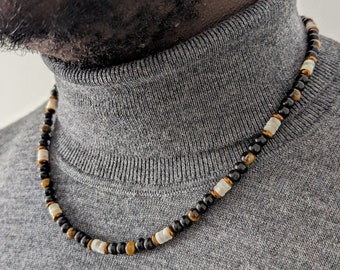 Collar de nácar y ojo de tigre, collar de piedras preciosas para hombres, collar de cuentas de madera para hombres, pequeño regalo para hombres