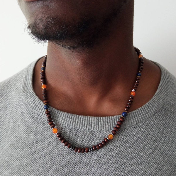 Collier de pierres de gemmes pour homme, Collier perlé de bois, Collier perlé de Lapis Lazuli, Collier Africain pour Homme, Cadeaux ethnique