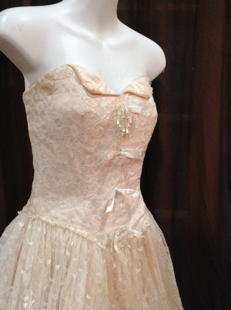 Vintage 1980\u2019s Alfred Angelo Flirtations Formal Dress Pink Ivory Lace Strapless Size 6