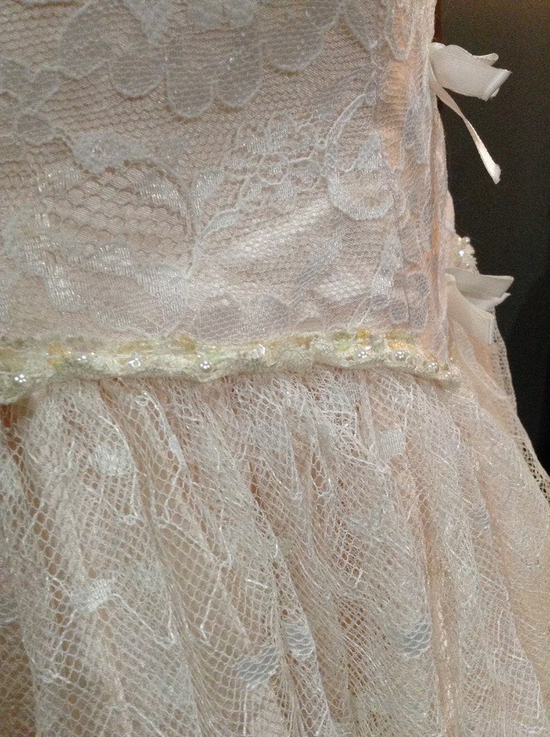 Vintage 1980\u2019s Alfred Angelo Flirtations Formal Dress Pink Ivory Lace Strapless Size 6