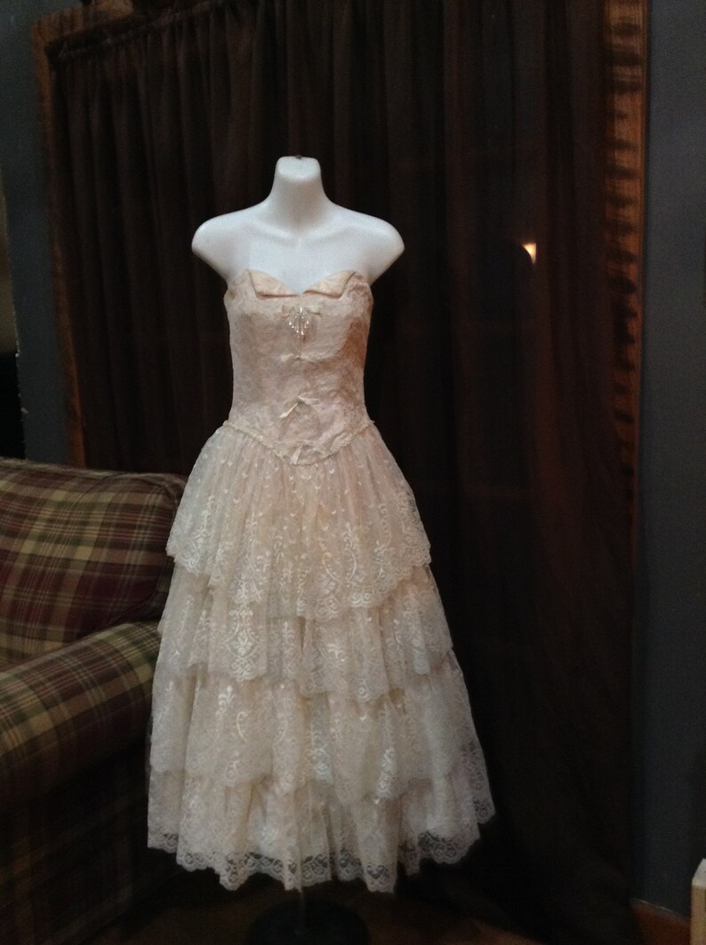 Vintage 1980\u2019s Alfred Angelo Flirtations Formal Dress Pink Ivory Lace Strapless Size 6