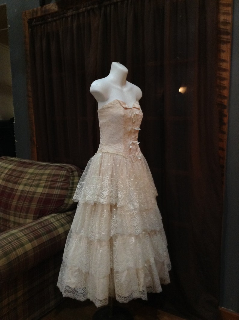 Vintage 1980\u2019s Alfred Angelo Flirtations Formal Dress Pink Ivory Lace Strapless Size 6