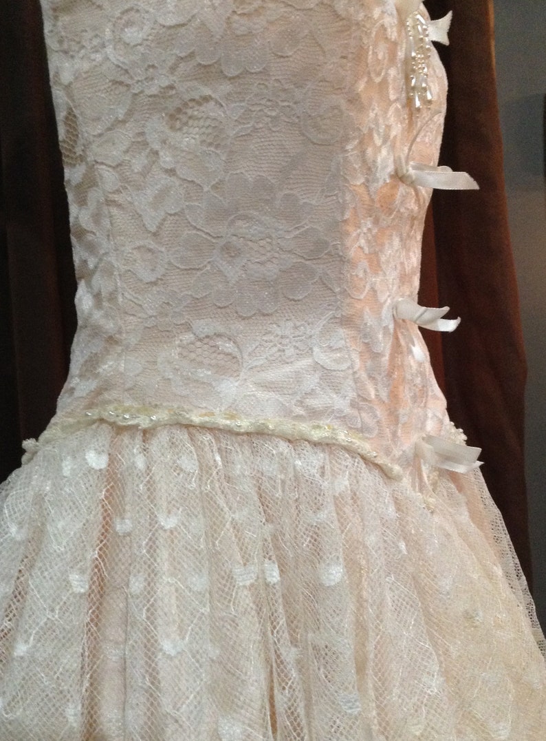 Vintage 1980\u2019s Alfred Angelo Flirtations Formal Dress Pink Ivory Lace Strapless Size 6