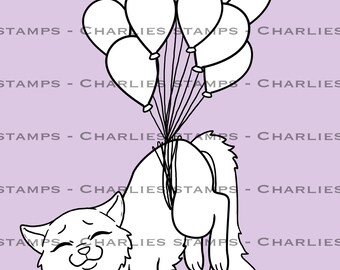 Cute funny birthday cat digistamp/ balloons/ instant download/coloring page/printable art