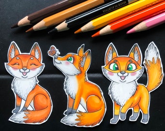 Cute fox digistamp set/ digital stamp set/ instant download printable art/ Animal colouring pages/ happy fox artwork
