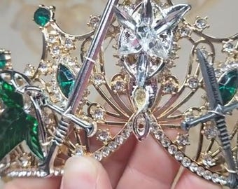 Gold elvish leaf tiara with swords and a ring