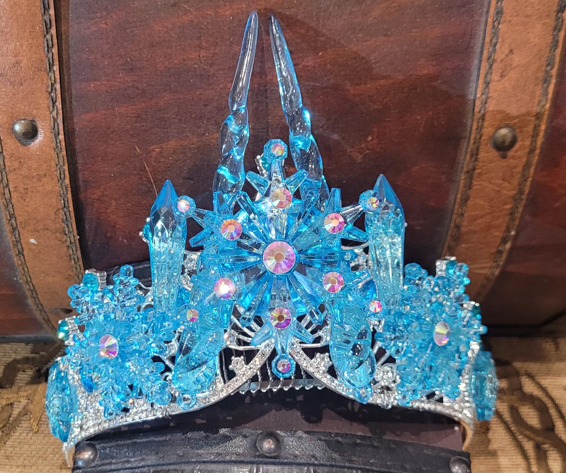 Tiara Diadem Mit Edelsteinen In Silber/Türkis – Prinzessin, Elsa, Karneval, Kunststoff