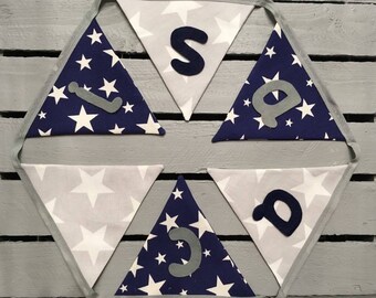 Personalised Navy Blue /& Star Fabric Bunting ~ Baby Boy ~ Nursery Decor