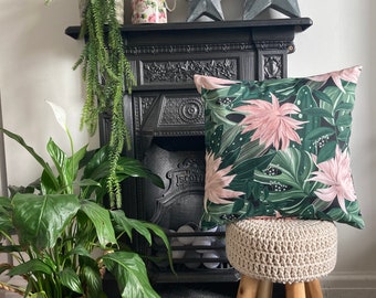 Tropical Leaf and Pink Flower Cushion Cover