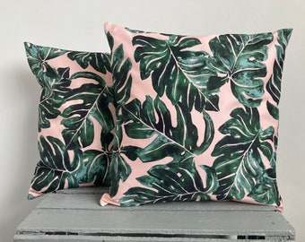 Monstera Green and Pink Leaf Cushion Cover