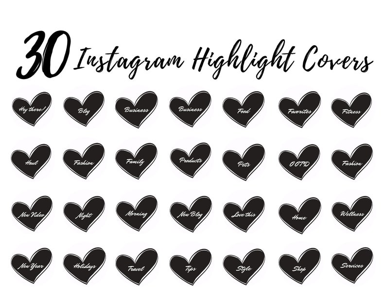 30 Instagram Story Highlight Icons Black Heart Covers for Etsy