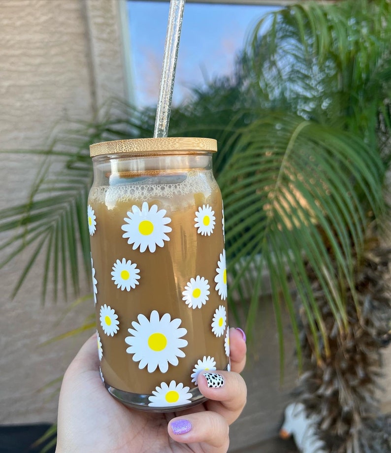 Daisy Cup Iced Coffee Glass Floral Glass Can With Lid Straw - Etsy