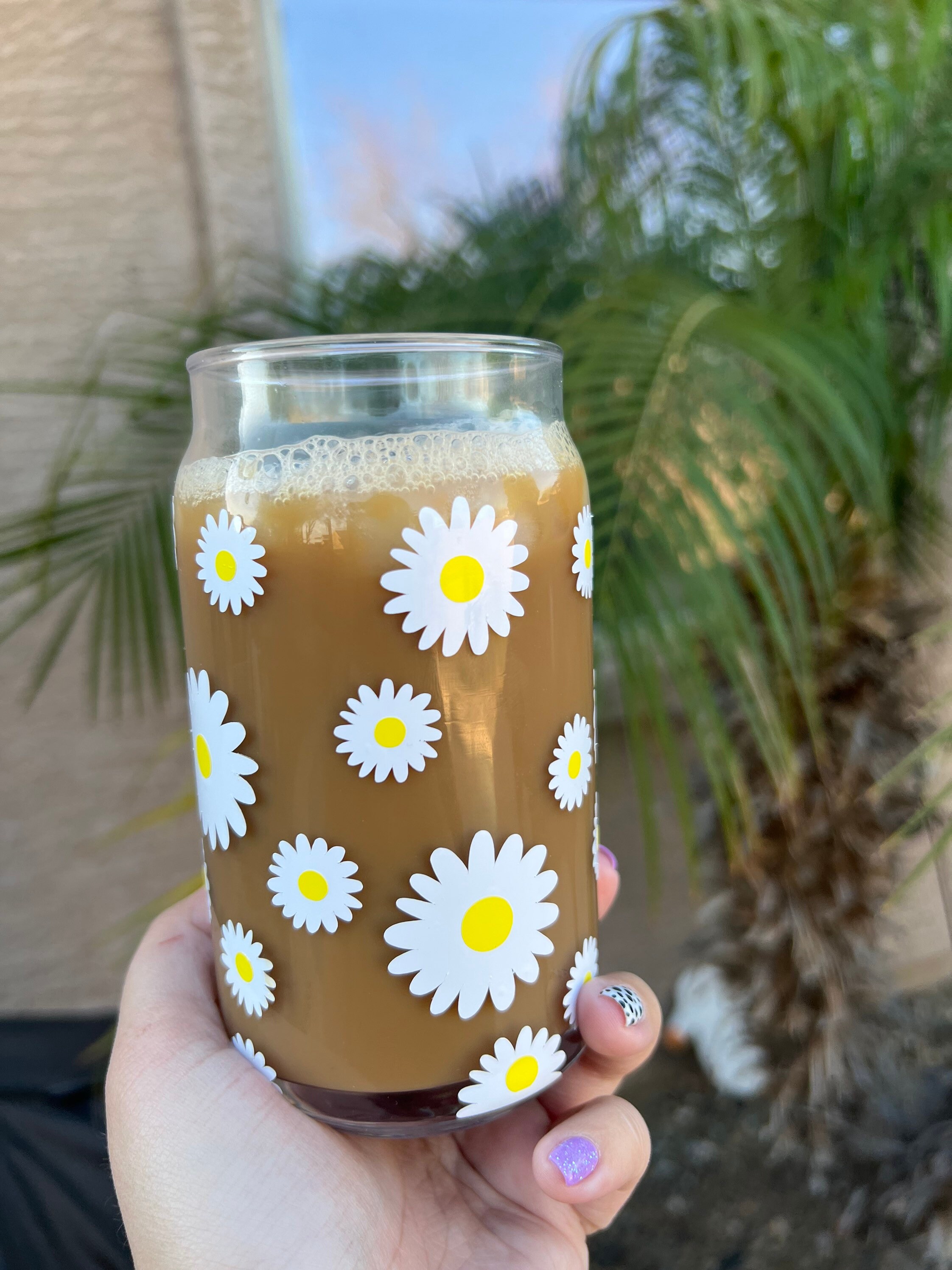 Daisy Cup Iced Coffee Glass Floral Glass Can With Lid Straw - Etsy