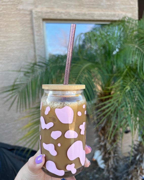 Cow Print Coffee Glass Can Cup, Cow print Tumbler, Coffee Glass cup, Beer  Can Cup, Bamboo Lid and Glass straw