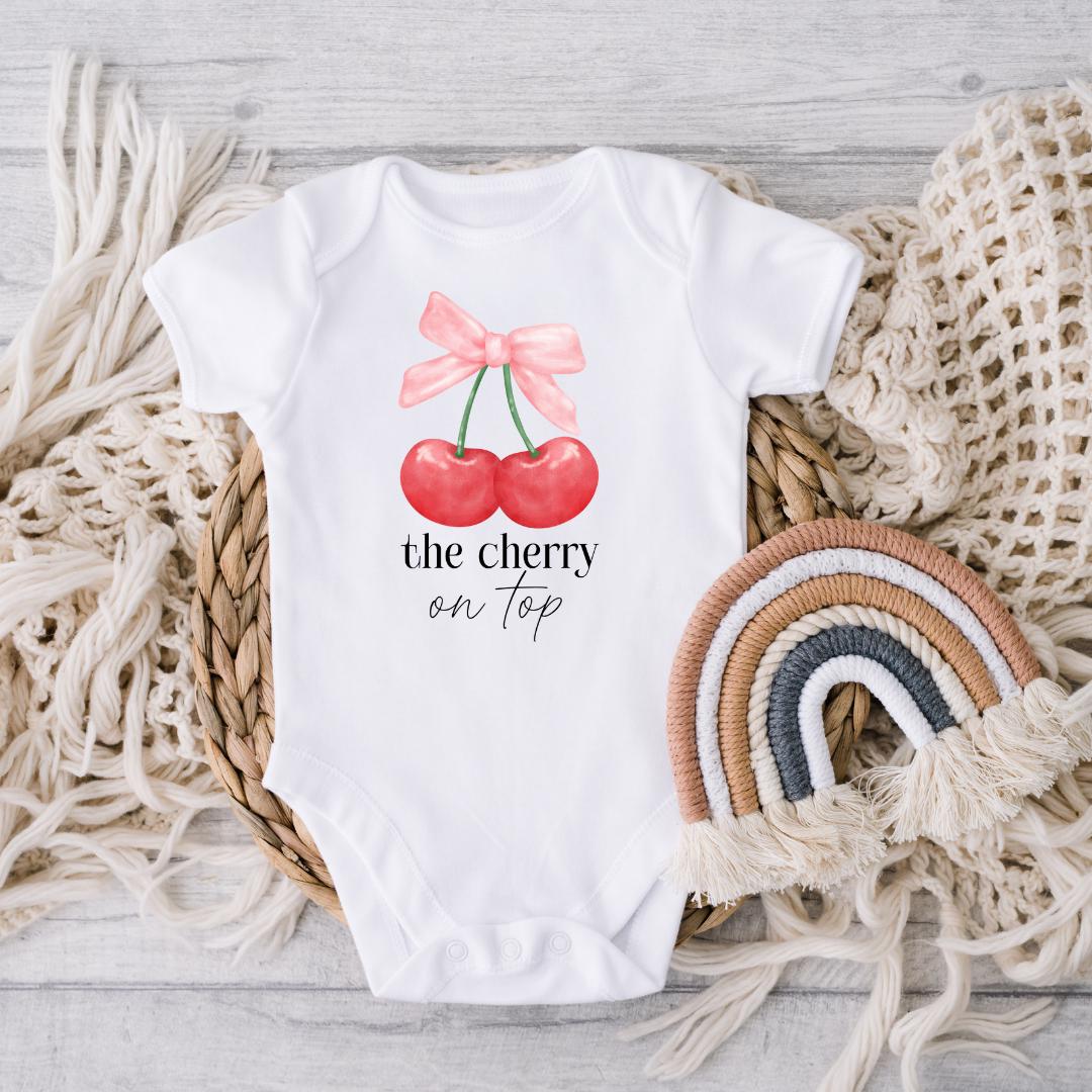 the cherry on top, cherry baby outfit, coquette baby bodysuit, cherry bow bodysuit, last baby announcement, baby girl announcement