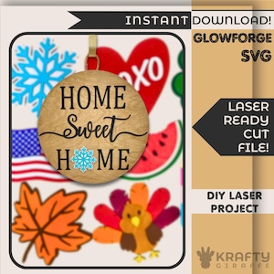 Interchangeable Welcome Door Hanger SVG Bundle | 13 Seasonal Attachments & Letter Template | Glowforge Laser Cut File | DIY Round Door Sign
