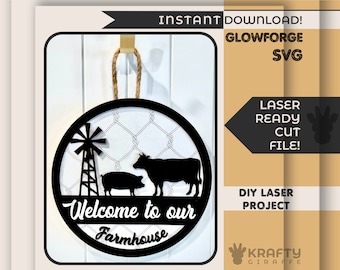 May include: Black and white SVG cut file design for a farmhouse welcome sign. The design features a windmill, a cow, a pig, and the text "Welcome to our Farmhouse".