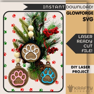 Glowforge Christmas Ornament SVG | Paw Print Ornament | Custom Cat Ornament | Custom Dog Ornament | Glowforge Project | Laser Engrave Files