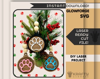 Paw Print Christmas Ornament SVG, Glowforge Laser Cut File (Digital Download), Laser Cut Paw Print