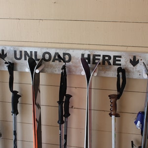 Ski Rack - Unload Here - Rustic Wood Ski & Pole Hanger
