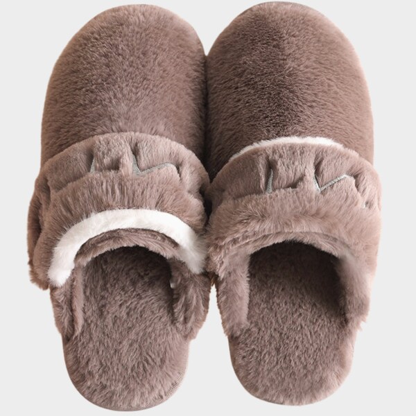 2-in-1 Women’s Adjustable Heel Strap Comfy Fuzzy Knitted Memory Foam Slippers House Shoe Soft Plush Anti-Skid Rubber Sole (Brown)