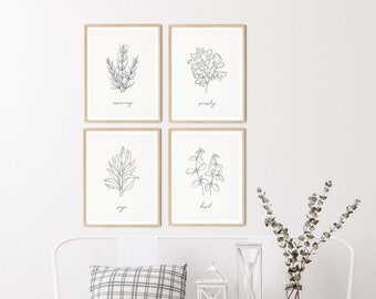 HERB PRINTS - SET of 4, Kitchen Printables, Gallery Wall Set, Digital Download
