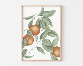 Orange tree print, citrus branch  farmhouse wall art, watercolor fruit botanical, printable digital download