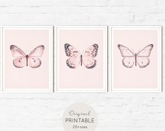 Pink Butterfly Print - 3 piece wall art, nursery printable poster, digital download