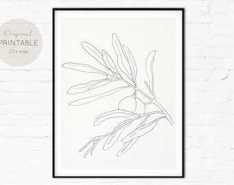 Impressão artística de linha de ramo de oliveira, desenho botânico (download digital)