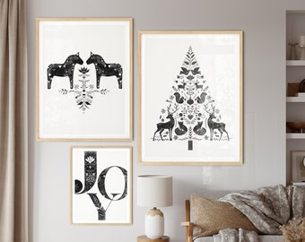 SET of 3 piece Christmas wall art prints, Norwegian folk digital download, black and white printable wall decor