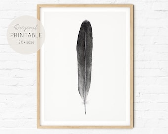 Black and White Feather Print | Minimalist Watercolor Wall Art (Digital Download)