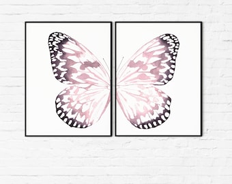 Pink butterfly print, wings printable wall art, digital print, set of 2 nursery prints