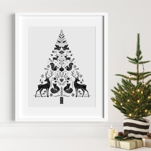 Christmas tree wall art, Norwegian folk digital download prints, black and white woodland animals printable wall decor